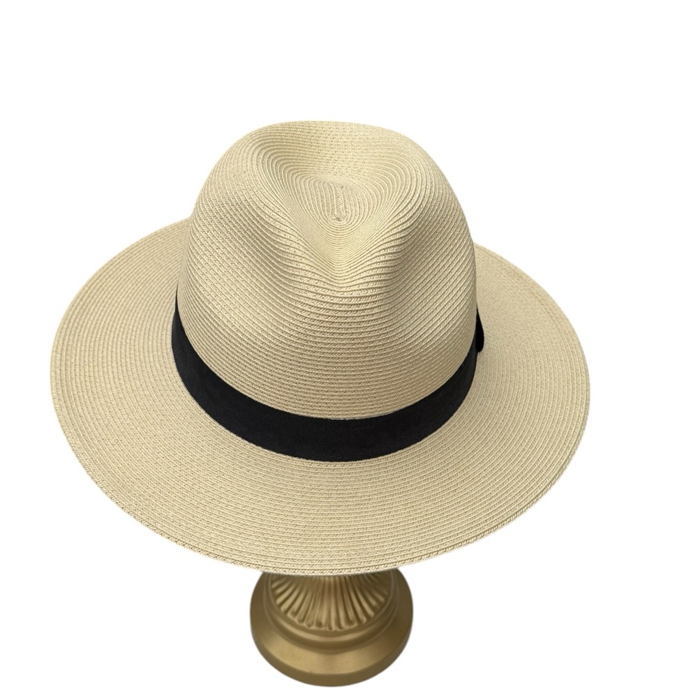 Straw Fedora Hat Tan Wide Brim Summer Beach Sun Hat Classic Panama Style - Picture 4 of 4